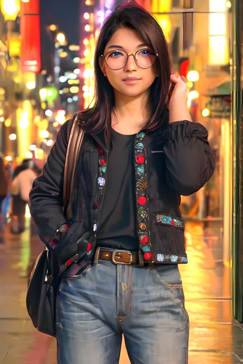 arafed woman in glasses and a black jacket standing on a city street