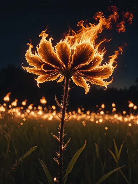 a close up of a flower with fire on it in a field