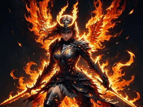 a woman in armor with fire on her back and sword