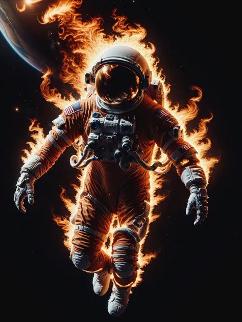 an astronaut in a spacesuit with a fireball in the background