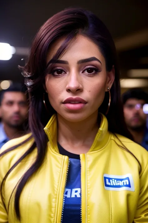 a close up of a woman in a yellow jacket looking at the camera