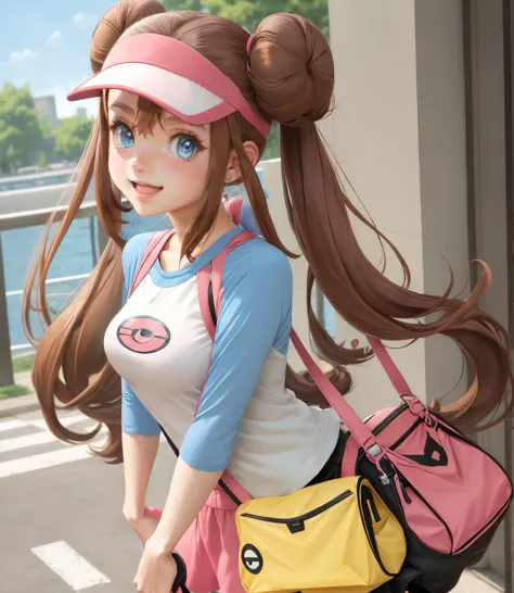 solo, twintails, raglan sleeves, pink bow, breasts, black pantyhose, shorts, pantyhose, handbag, brown hair, open mouth, visor cap, pantyhose under shorts, blue eyes, bag, long hair, double bun, rosa \(pokemon\), very long hair, hair bun, bow, smile, 1girl  <lora:RosaPokemon:0.6>