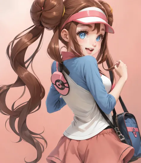 solo, twintails, raglan sleeves, pink bow, breasts, black pantyhose, shorts, pantyhose, handbag, brown hair, open mouth, visor cap, pantyhose under shorts, blue eyes, bag, long hair, double bun, rosa \(pokemon\), very long hair, hair bun, bow, smile, 1girl  