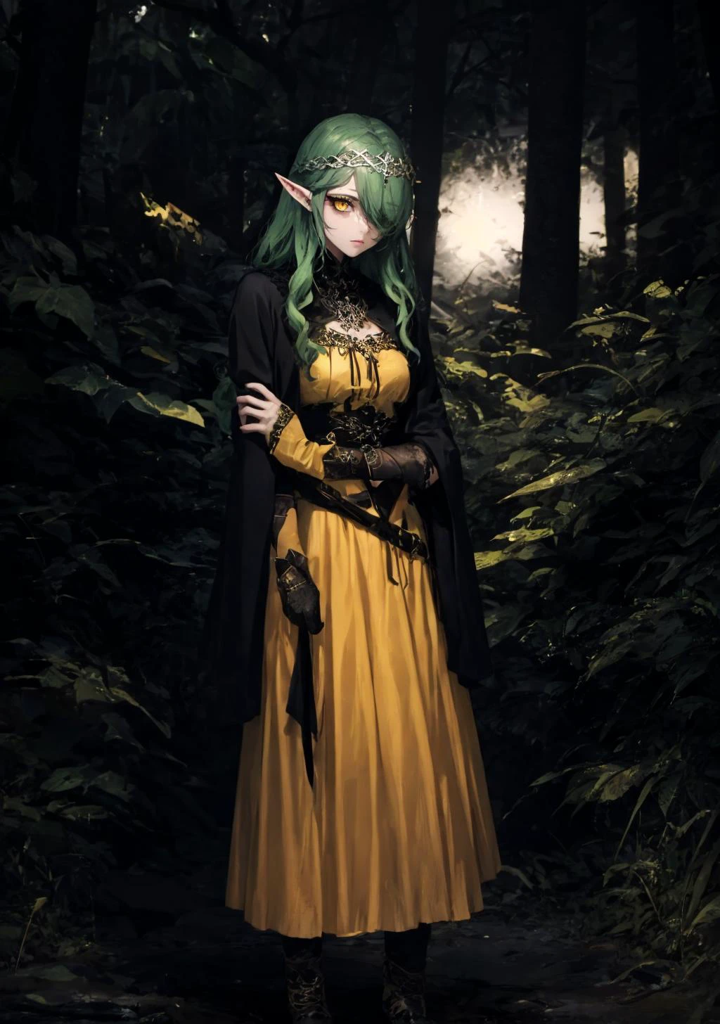 dark theme, elf_crown, gavial, 1girl, solo, green hair, hair over one eye, yellow eyes, (eyeliner: 1.21), head rest, circlet, forest background, cowboy shot, full body, solo, 