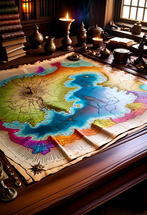 a magical map leading to faeland, torn and worn, sitting on a wizard's desk, spilled multicolored ink, high quality, imagination...