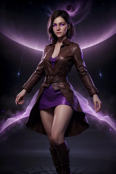 a woman in a purple dress and boots is standing in front of a purple light