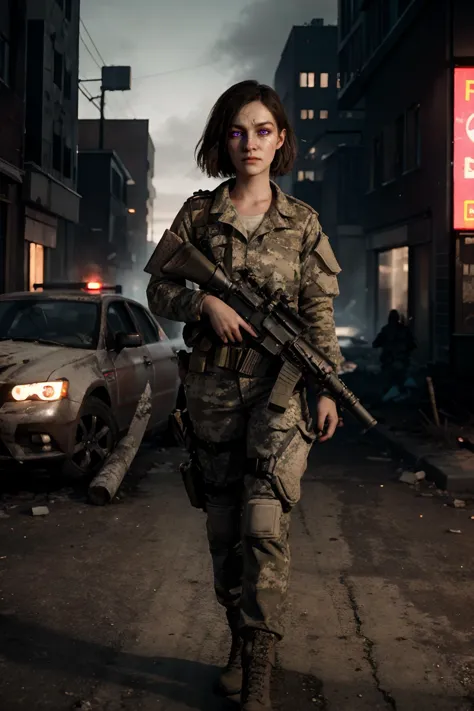 a woman in a military uniform holding a rifle in a city street