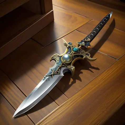 ((masterpiece, best quality, highres, realistic weapons  gear, best quality,)) , black leather armor, fantasy aesthetic,(flat saturated colors), fine details, intense, nautical , ornate sword , Musketeer sword, sword, rune symbols, Black Armor, Triton, shark tooth necklace, jewelry, ornate-pearl handled- damasks kitchen knife in belt sheath