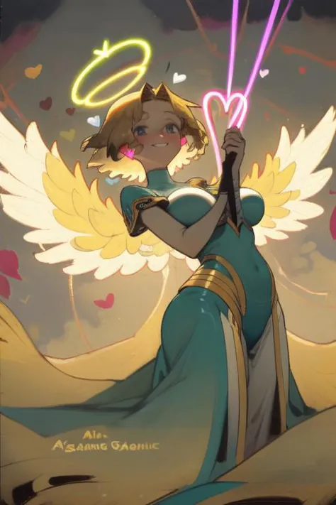 a cartoon picture of a woman with a sword and angel wings