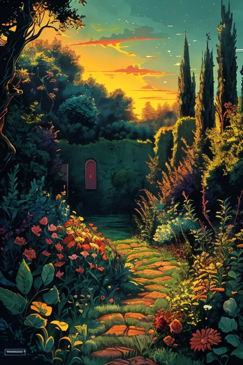 a painting of a garden with a pathway leading to a gate