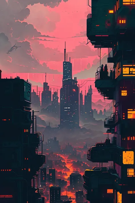 a view of a city with tall buildings and a sunset