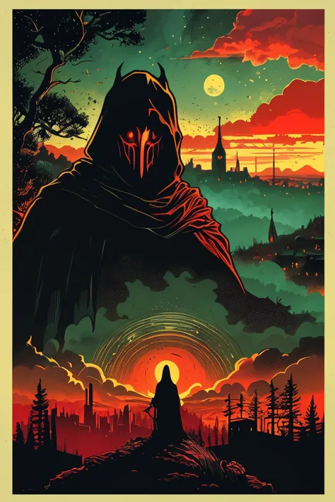 masterpiece,best quality,<lora:tbh160-:0.8>,illustration,style of dan mumford, nazgul over sleeping town