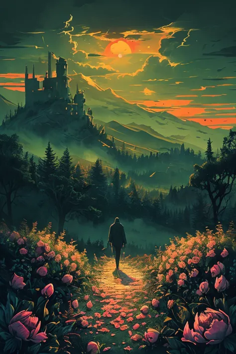 a man walking down a path towards a castle at sunset