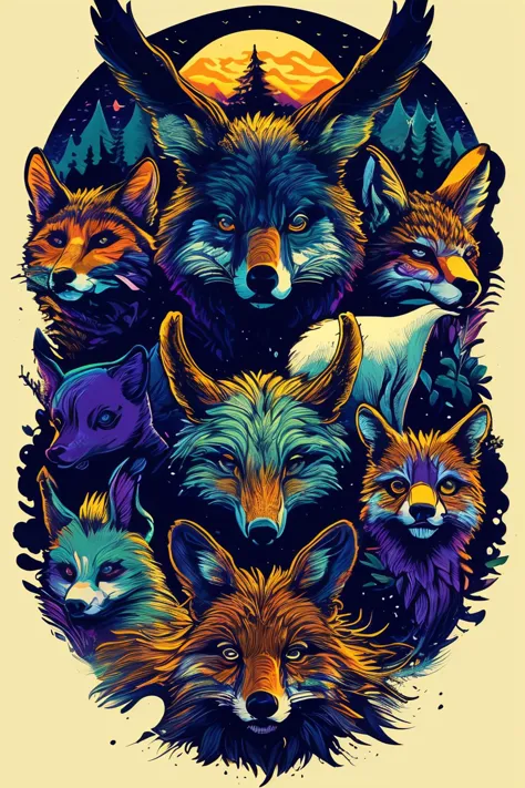 a group of foxes and other animals in a circle