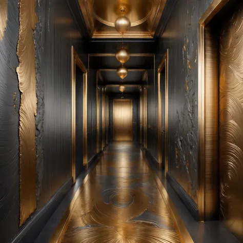 a close up of a long hallway with gold and black walls