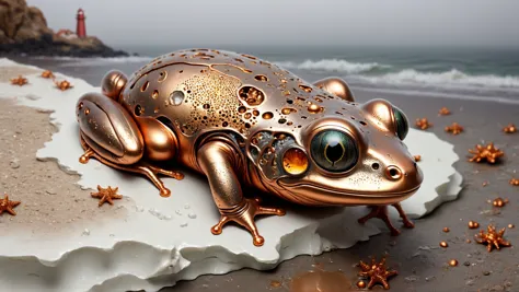 there is a gold frog statue on a white rock on the beach