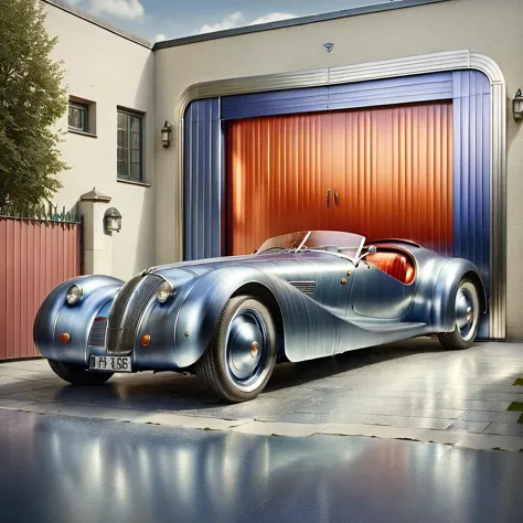 a close up of a silver car parked in front of a garage