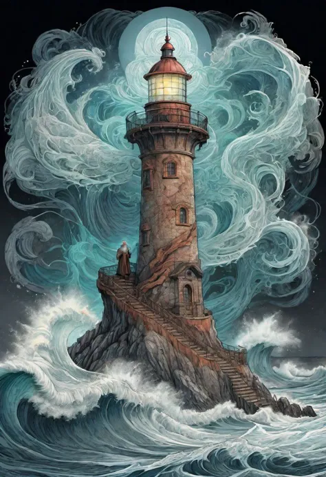 a painting of a lighthouse on a rock in the ocean