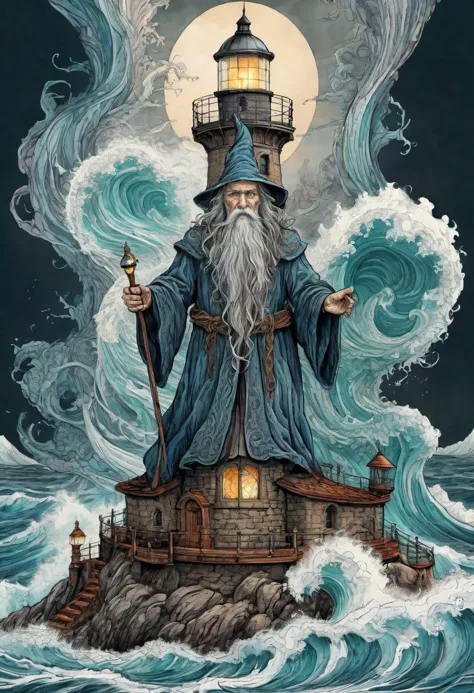 a painting of a wizard standing on top of a small lighthouse