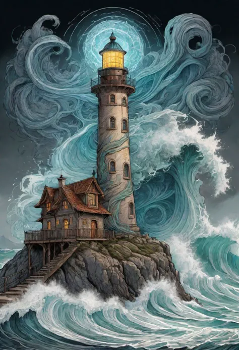 a painting of a lighthouse on a rock with waves crashing around it