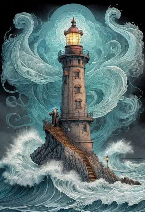 a painting of a lighthouse on a rock in the ocean