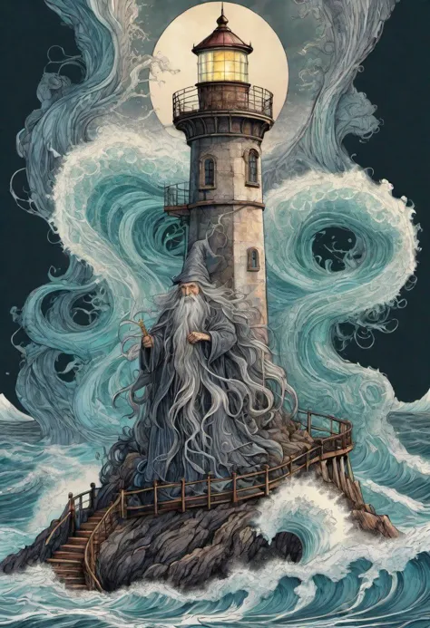 a painting of a lighthouse with a long beard and a long beard