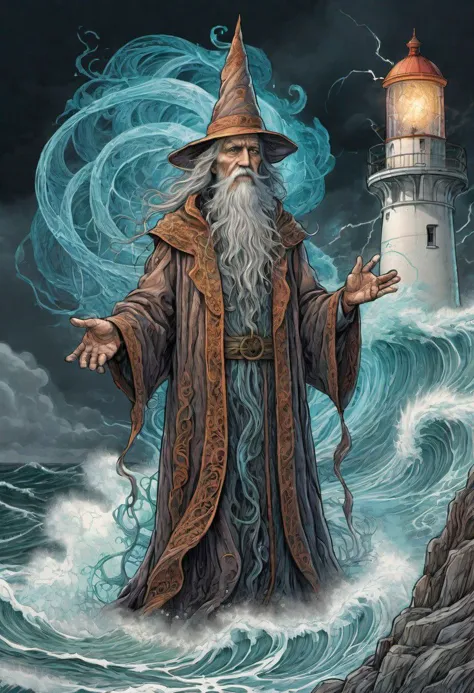 a painting of a wizard standing in front of a lighthouse