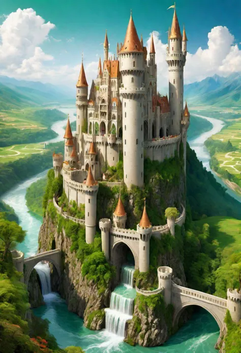 a large castle on a cliff with a waterfall in the middle