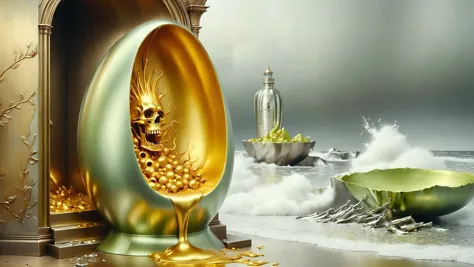 there is a golden egg with a skull inside of it