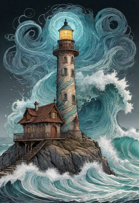 a painting of a lighthouse on a rock with waves crashing around it