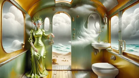 there is a woman in a green dress standing in a bathroom