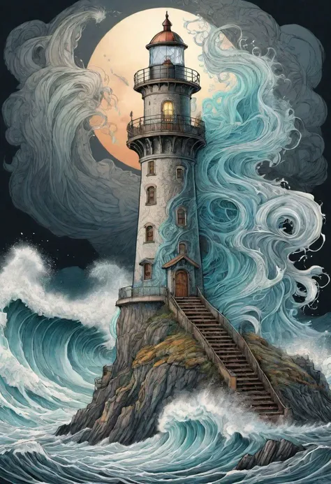 a painting of a lighthouse on a rock with waves coming in front of it