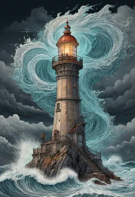 a painting of a lighthouse on a rock in the ocean