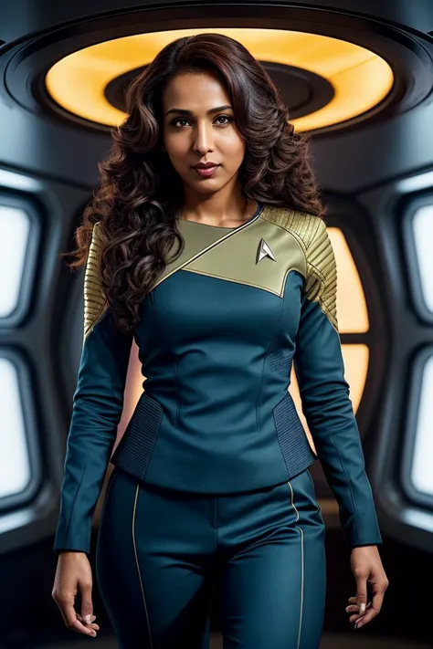 photo of beautiful (rekhshrm:0.99), a woman with beautiful hair, as a star trek officer  in a (star trek spaceship), spaceship i...