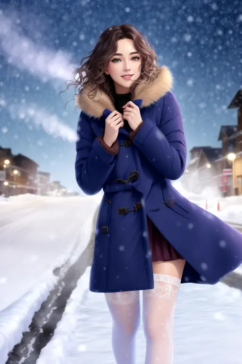 wavy hair,(legwear),
winter coat,snowing,skirt,steam, breath,(leaning back),,fur trim,night, night sky,starry sky,street,
smile,(shiny skin:1.1),blush,(skindentation:1.2),realistic, masterpiece, highest quality, highres,absurdres, (full body),  (perfect face:1.1), (sharp focus:1.1),(looking at viewer),