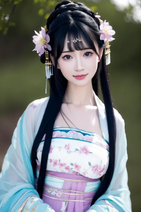 HDR,UHD,8K,best quality,realistic,masterpiece,Highly detailed,1girl,solo,realistic,breasts,looking at viewer,bangs,hair ornament,black hair,smile,black eyes,hair flower,upper body,closed mouth,lips,blunt bangs,long hair,see-through hanfu,longfeihanfu,movie lighting,outdoors,