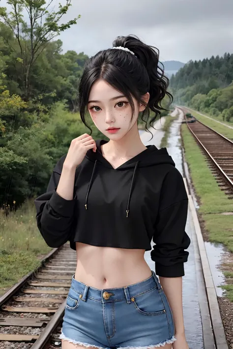 1girl, small breasts, petite, black hair, side ponytail, black eyes, freckles, black hoodie, crop top, midriff, black denim shor...