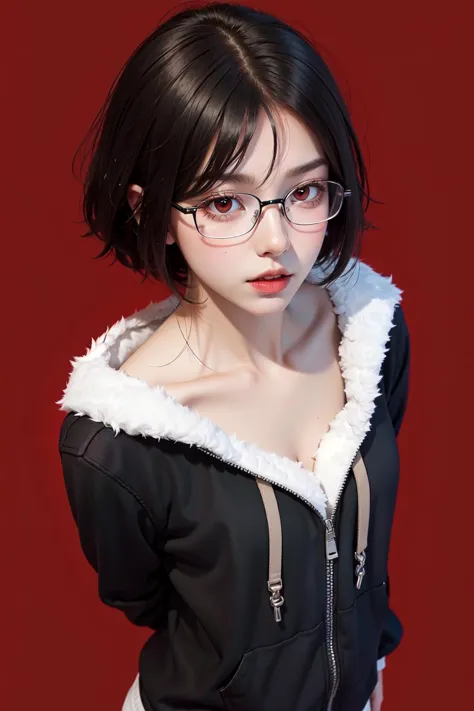 1girl, black hoodie, bob-cut, (red eyes:1.2), glasses, black hair, red background, arms behind back, upper body, (from above:1.2...