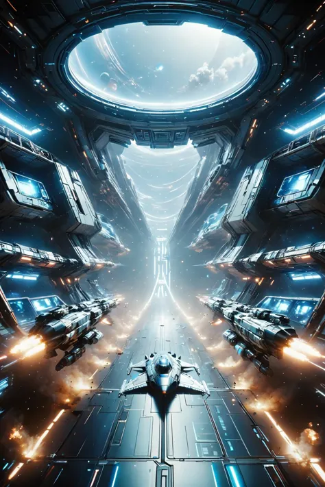 a spaceship flies through a futuristic space station with a spaceship in the background