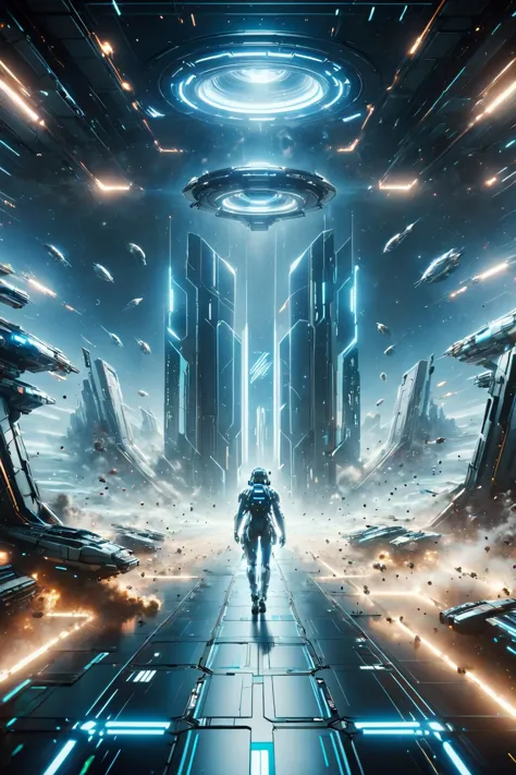 a man walking through a futuristic city with a spaceship in the background