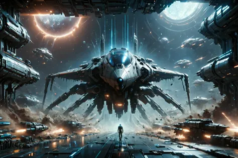 a man standing in front of a spaceship in a futuristic city