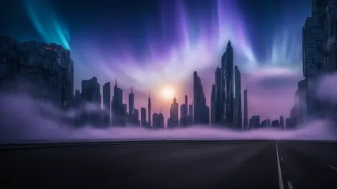 an extremely high-quality photo of  a massive cyberpunk sci-fi city, (dark night:1.1), aurora borealis, milky way stars across t...