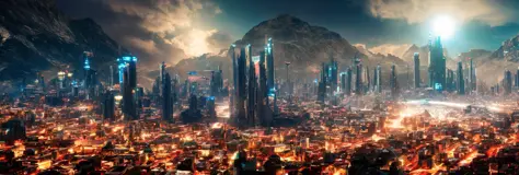 a render of sci-fi city planet. ultra detailed, ultra realistic, high resolution, high quality, green, blue, red