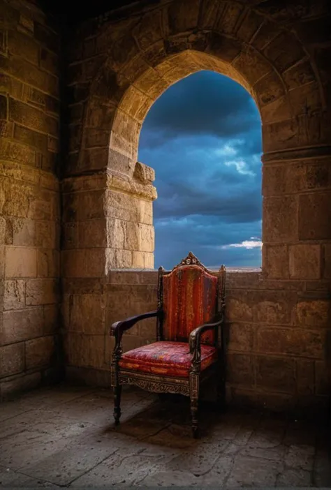 arafed chair in a stone room with a view of the sky