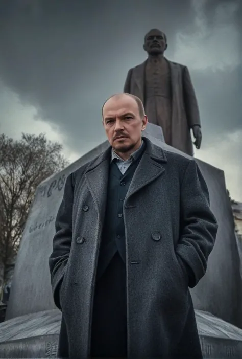 (AI android Vladimir Lenin standing in front of Lenin's tomb)(dodge and burn, corner edge darken vignette)(exposure POP!!! hdr e...