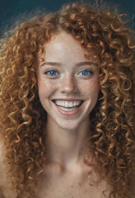 beautiful lady, (freckles), big smile, blue eyes, fuzzy curly hair, dark makeup, hyperdetailed photography, soft light, head and...
