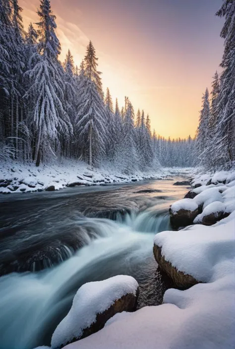 (extremely breathtaking stunning majestic elegant winter Canadian landscape, hyper detailed breathtaking view of rushing river a...
