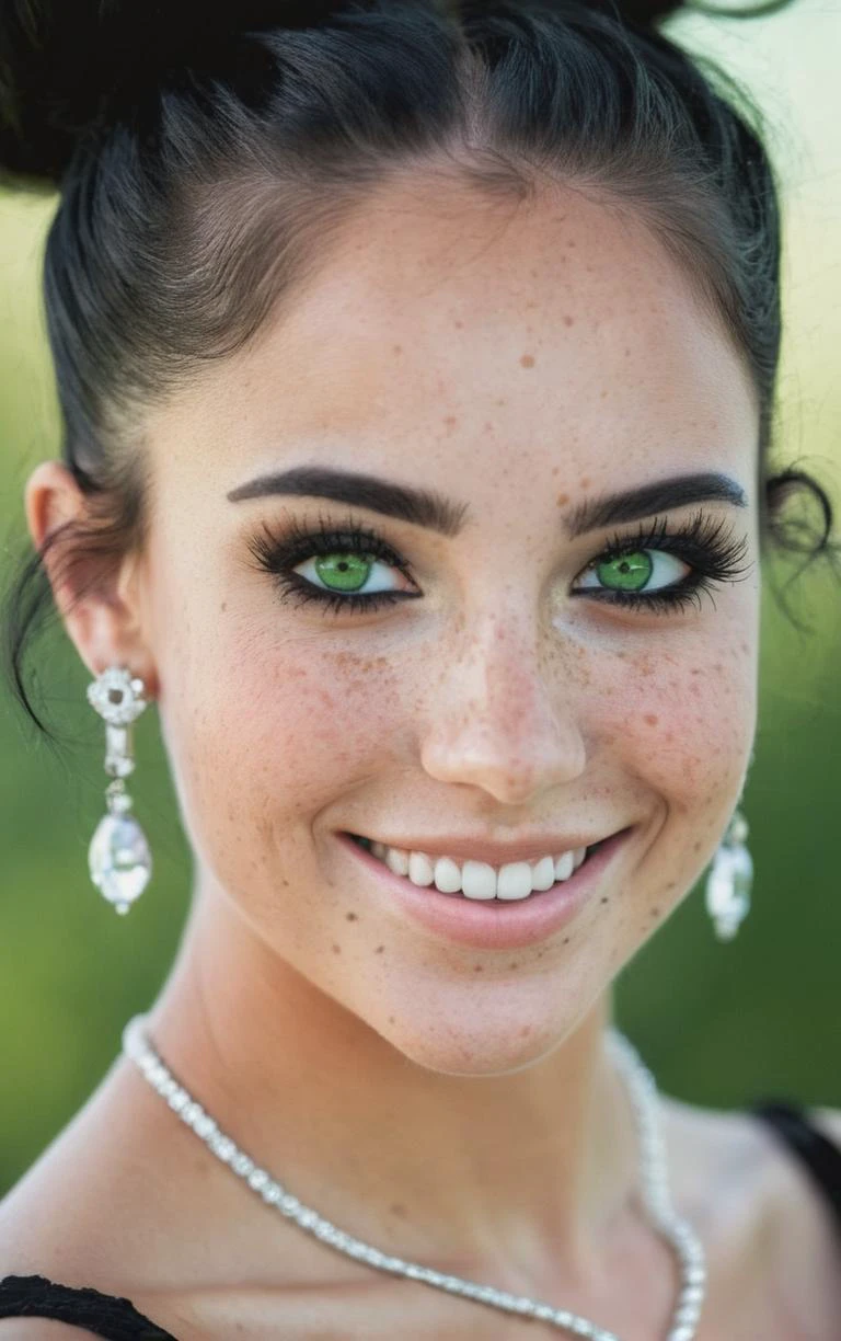 Imperfect, beautiful lady, (freckles), big smile, detailed green eyes, detailed iris, black hair in a bun, dark emo makeup, hyperdetailed photography, soft light, in the future, diamond earring,