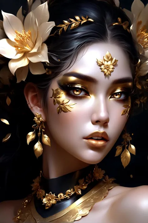 a close up of a woman with gold makeup and flowers in her hair, fantasy portrait art, sakimichan, cute face. dark fantasy, gorge...