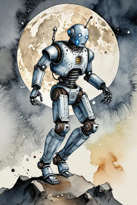 a robot destruction and jump kick in a large detailed moon in the style of watercolor wash, sexy :8, <lora:sdxl_lightning_8step_...